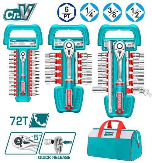 JUEGO DE RACHE 1/4-1/2-3/8"" + 57 ACCESORIOS INDUSTRIAL TOTAL (TOS23092)  Item: 23807