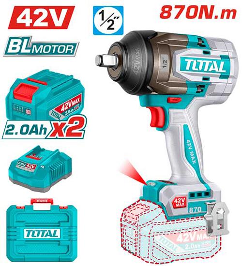 PISTOLA IMPACTO INALAMBRICA 1/2"" 42V 870NM CAJA PLASTICA INCLUYE 2 BATERIA 2.0AH , 1 CARGADOR  INDUSTRIAL SUPER TOTAL (UTIWLI42862)  Item: 23732