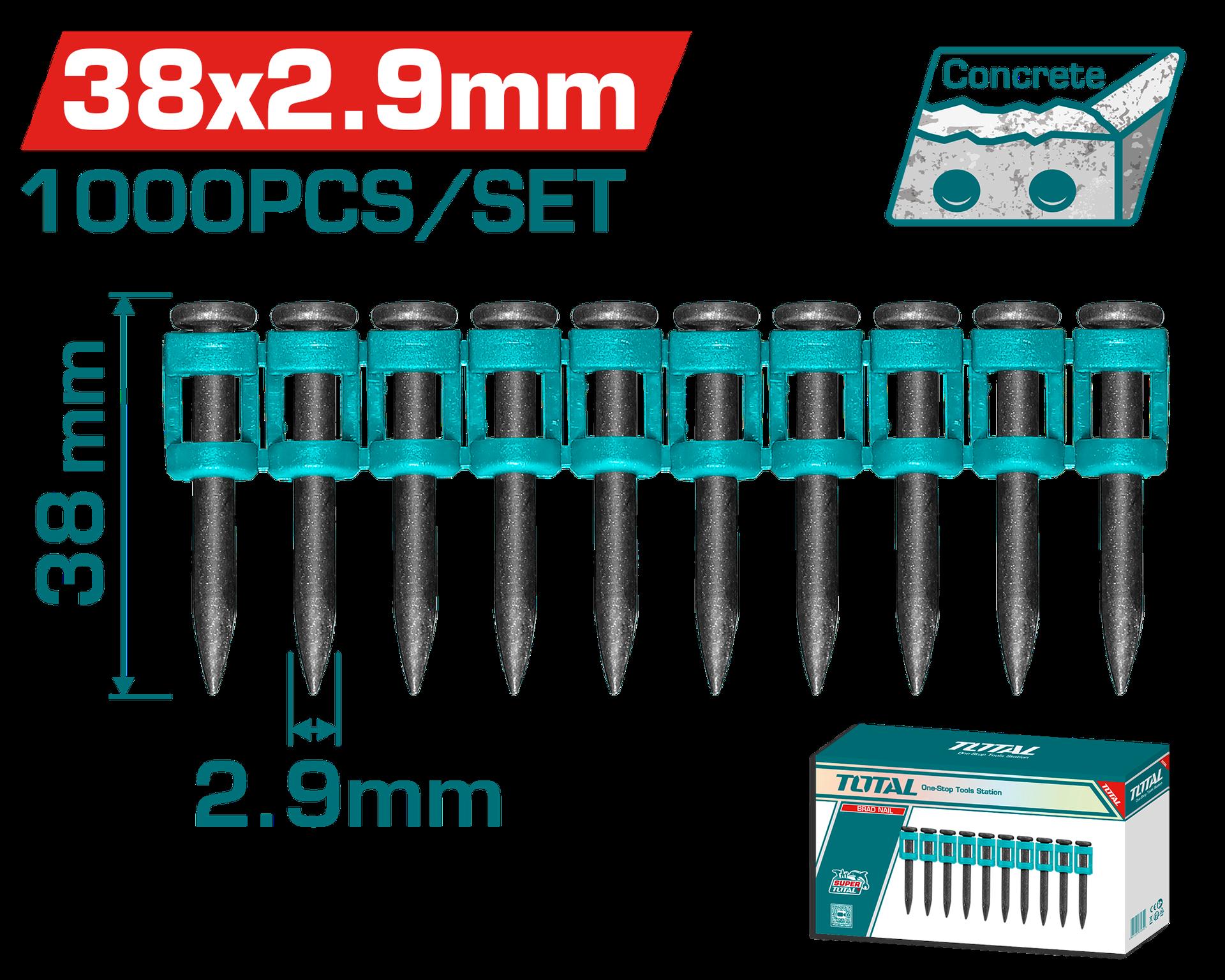 CLAVOS DE DISPARO CONTINUO 38X2.9MM PARA CONCRETO SUPER TOTAL (TAC02381)(CAJA POR 1000)  Item: 23697