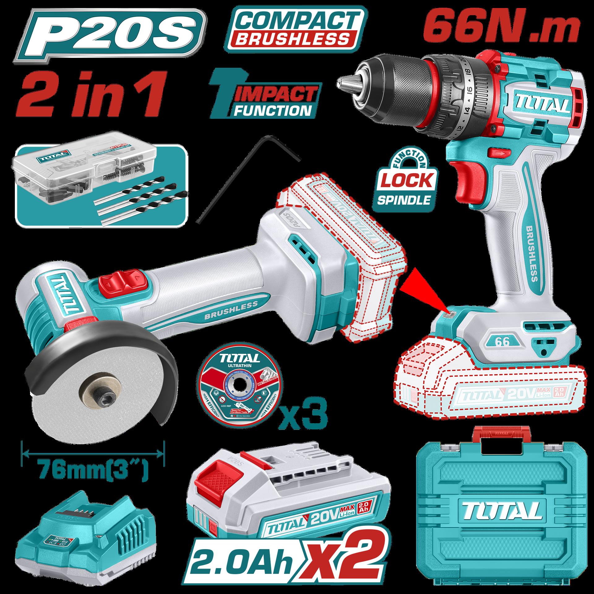 COMBO INALAMBRICO 20V X 2 PZS TALADRO PERCUTOR 1/2""  66 N.M + MINI PULIDORA 3"" INCLUYE 2 BATERIAS  2.0 AH + CARGADOR  + 3 DISCOS Y 47 ACCESORIOS INDUSTRIAL SUPER TOTAL (UTCKLI20255)   Item: 23687