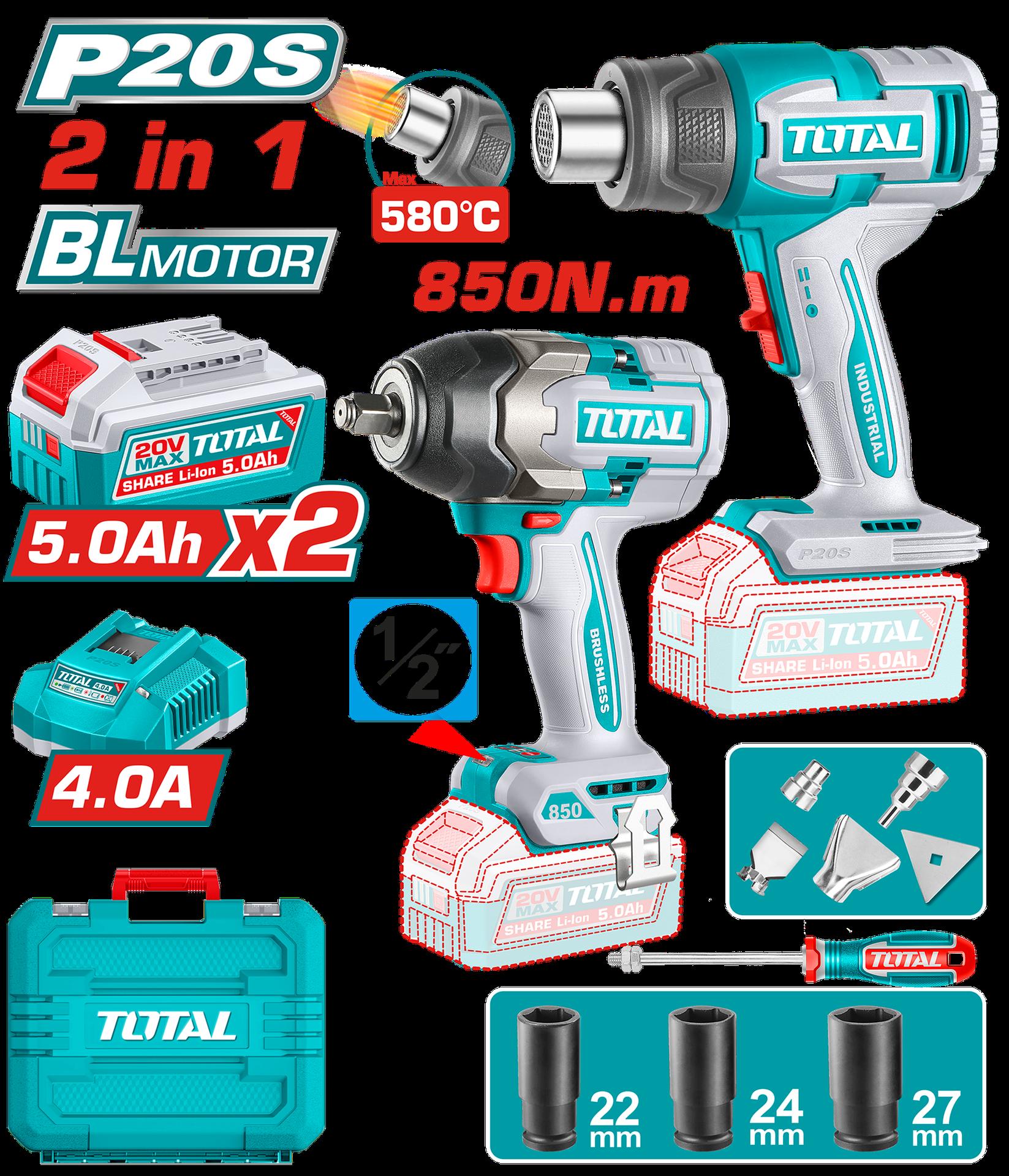 COMBO INALAMBRICO 20V PISTOLA IMPACTO INALAMBRICA 1/2"" 850NM + PISTOLA CALOR TEMPERATURA AJUSTABLE 30-580°C + 2 BATERIAS 5.0AH + CARGADOR 4.0AH + ACCESORIOS INDUSTRIAL TOTAL (UTOSLI260381)  Item: 23657