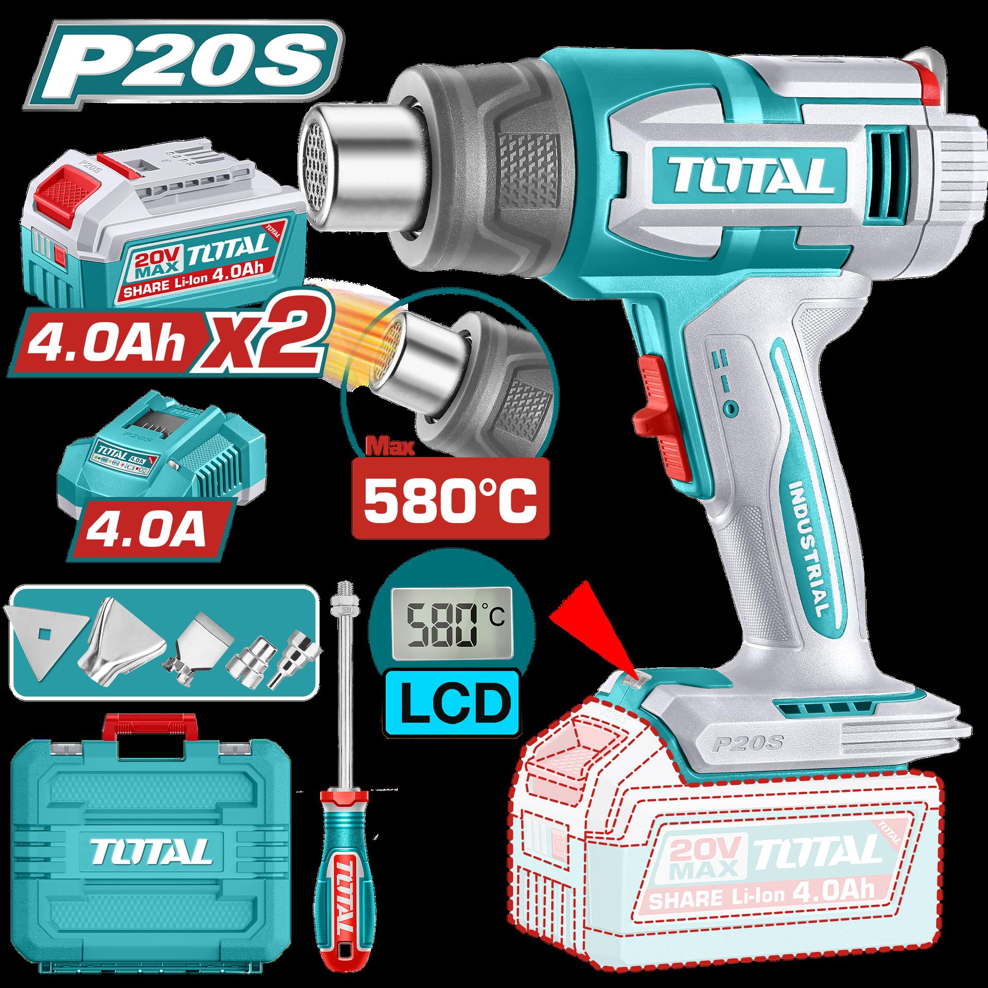 PISTOLA CALOR INALAMBRICA  20V CON TEMPERATURA AJUSTABLE 30-580°C  PANTALLA LCD INCLUYE 4 BOQUILLAS 1 RASCADOR + 2  BATERIA  4.0AH  Y CARGADOR  INDUSTRIAL SUPER TOTAL (UTBLI20582)  Item: 23608