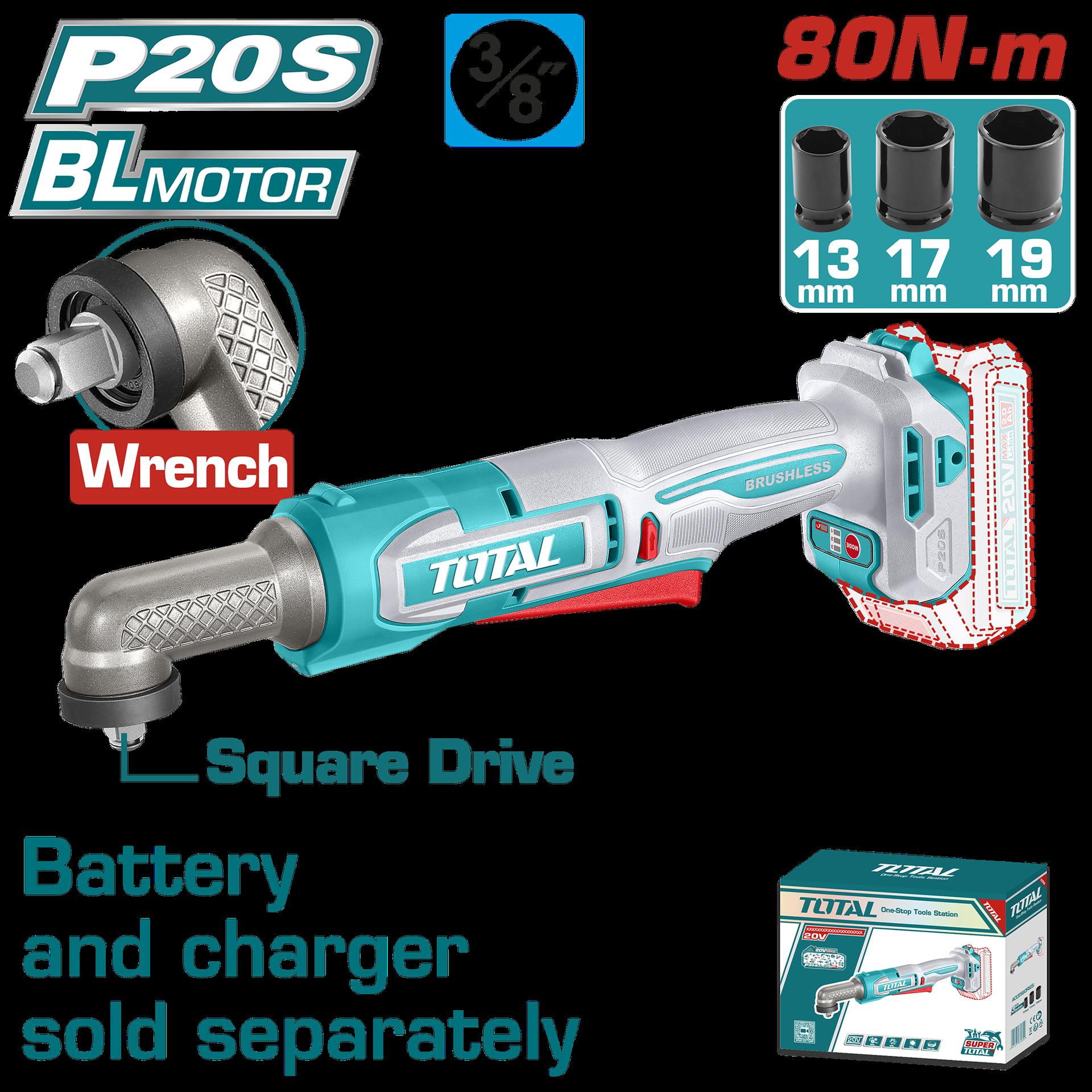 ATORNILLADOR DE IMPACTO DE ANGULO 3/8"" 20V 80NM INCLUYE ACCESORIOS BATERIA Y CARGADOR SE VENDEN POR SEPARADO INDUSTRIAL SUPER TOTAL (TAIWLI2081)  Item: 23606