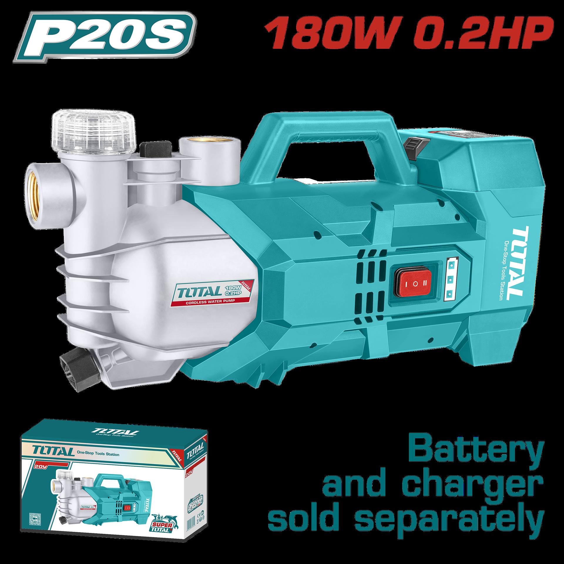 ELECTROBOMBA INALAMBRICA 20V 0.2HP 180W 47L/MIN BATERIA Y CARGADOR SE VENDEN POR SEPARADO  SUPER TOTAL (TGWPLI201801)  Item: 23413