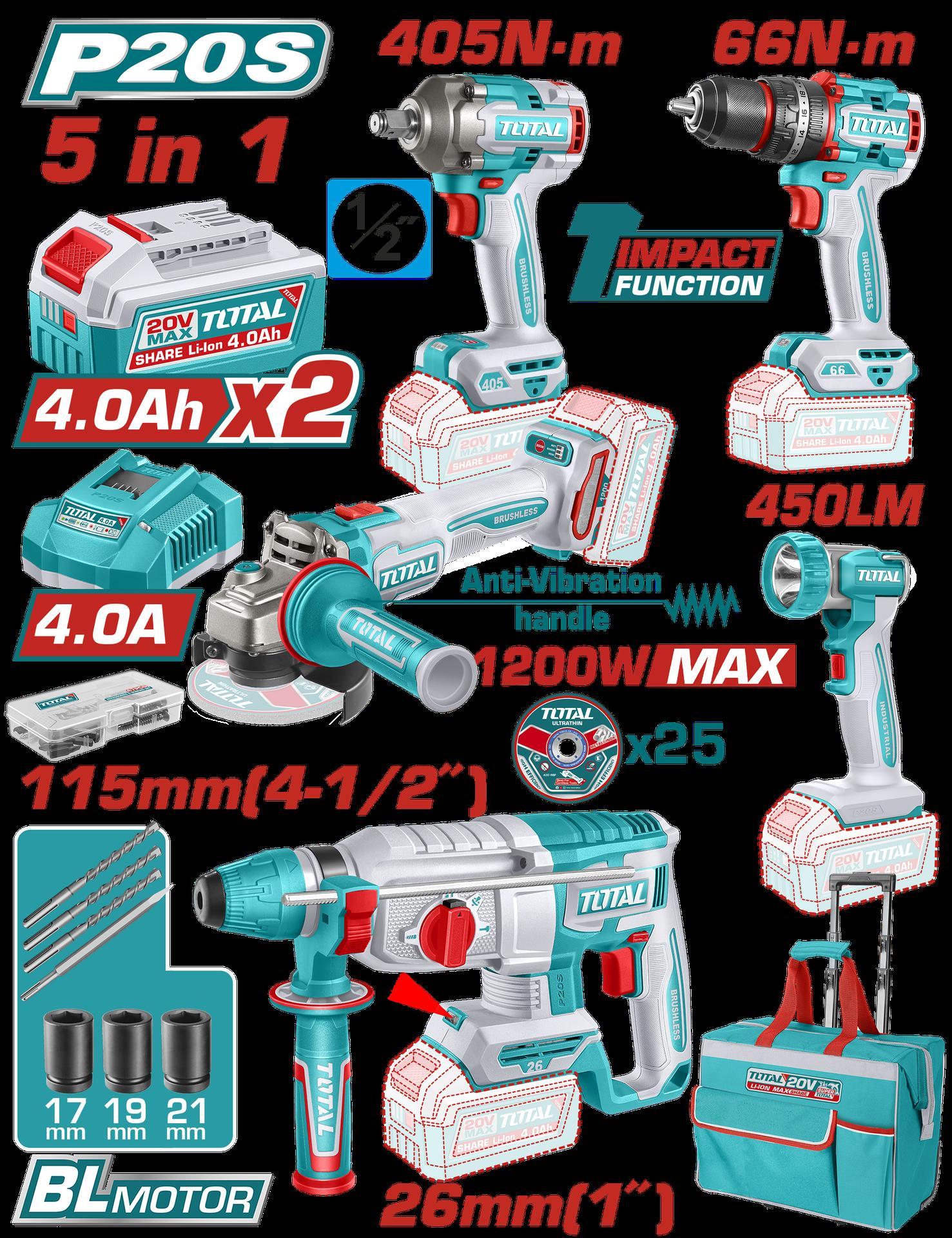 COMBO INALAMBRICO 20V TALADRO ROTOMARTILLO 1""  SDS PLUS 2,5 JULES + PISTOLA IMPACTO INALAMBRICA 1/2"" 405NM +  TALADRO DE IMPACTO 1/2"" 66NM + PULIDORA  4 1/2"" 1200W  + LINTERNA INALAMBRICA 450 LUMENES  + 2 BATERIAS 4.0AH + CARGADOR INCLUYE ACCESORIOS INDUSTRIAL SUPER TOTAL (UTCKLI20595)  Item: 23601