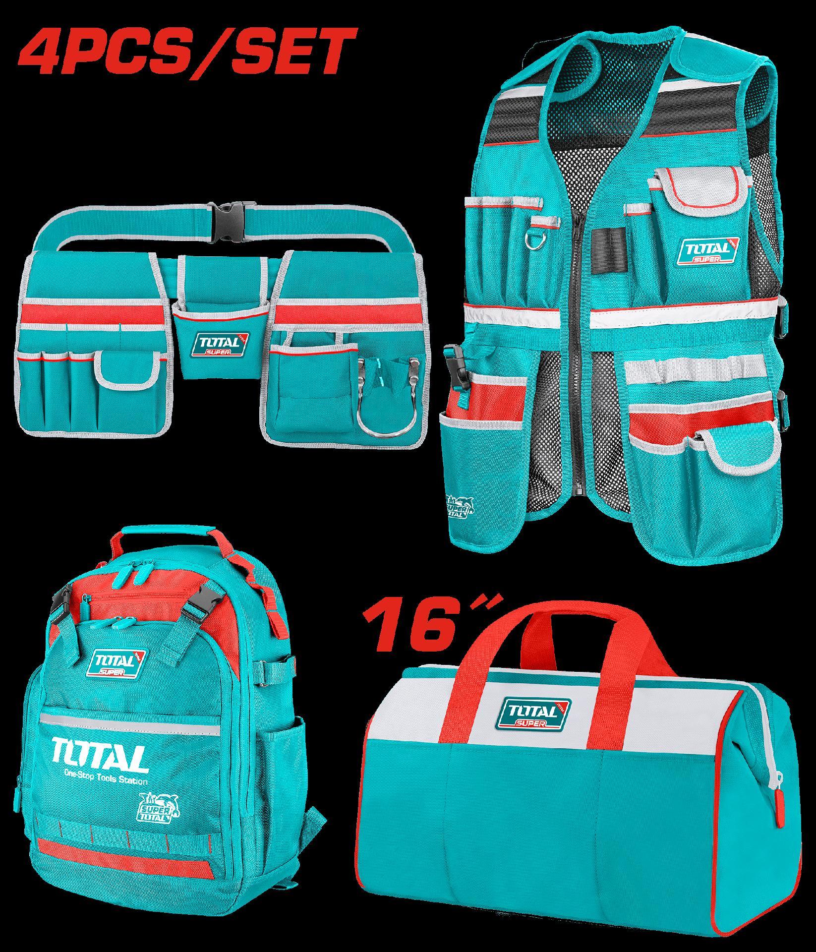 JUEGO DE PORTA HERRAMIENTA X 4 PZS (CHALECO + MALETIN + BOLSO + PORTA HERRAMIENTA) SUPER TOTAL (TOS230912)  Item: 23404