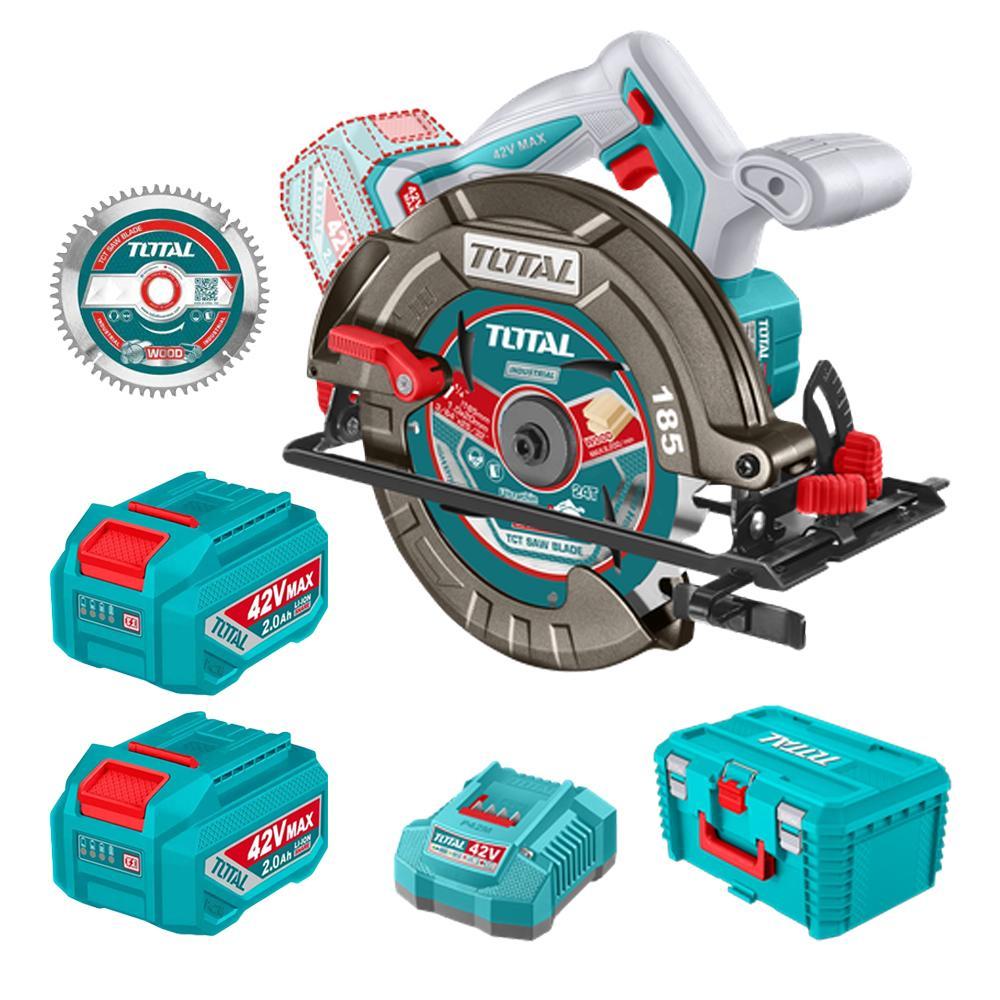 SIERRA CIRCULAR INALAMBRICA 42V 7-1/4"" INCLUYE 2 BATERIA 2.5AH, CARGADOR + DISCO DE CORTE 24T  CAJA PLASTICA INDUSTRIAL SUPER TOTAL (UTSLI4218512)  Item: 23393
