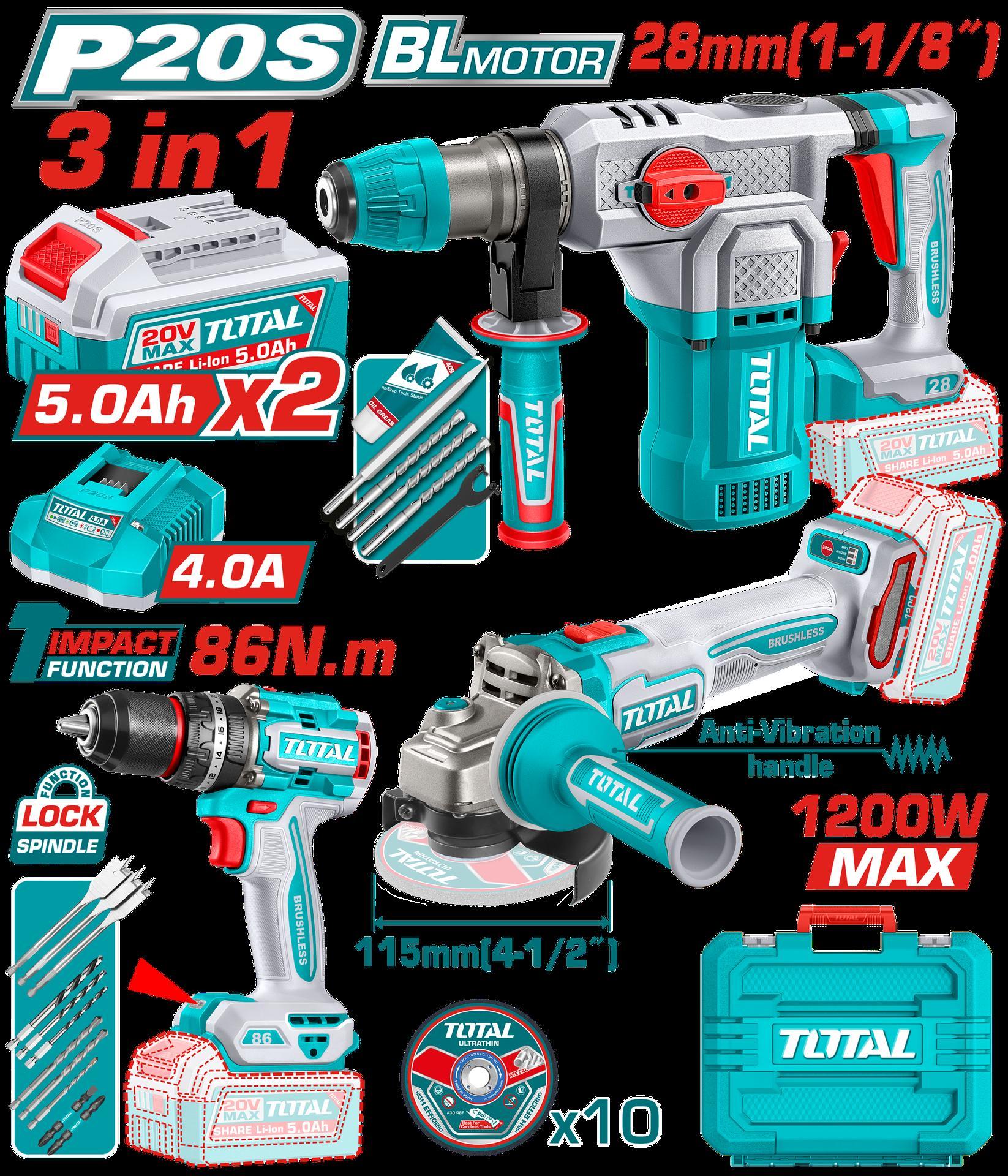 COMBO INALAMBRICO 20V TALADRO PERCUTOR  1/2"" 86NM + PULIDORA 4-1/2"" 1200W + TALADRO ROTOMARTILLO SDS PLUS 1-1/8""  4.5 JULES + 2 BATERIAS 5.0AH + CARGADOR 4.0AH INCLUYE ACCESORIOS INDUSTRIAL SUPER TOTAL (UTOSLI251195)  Item: 23221