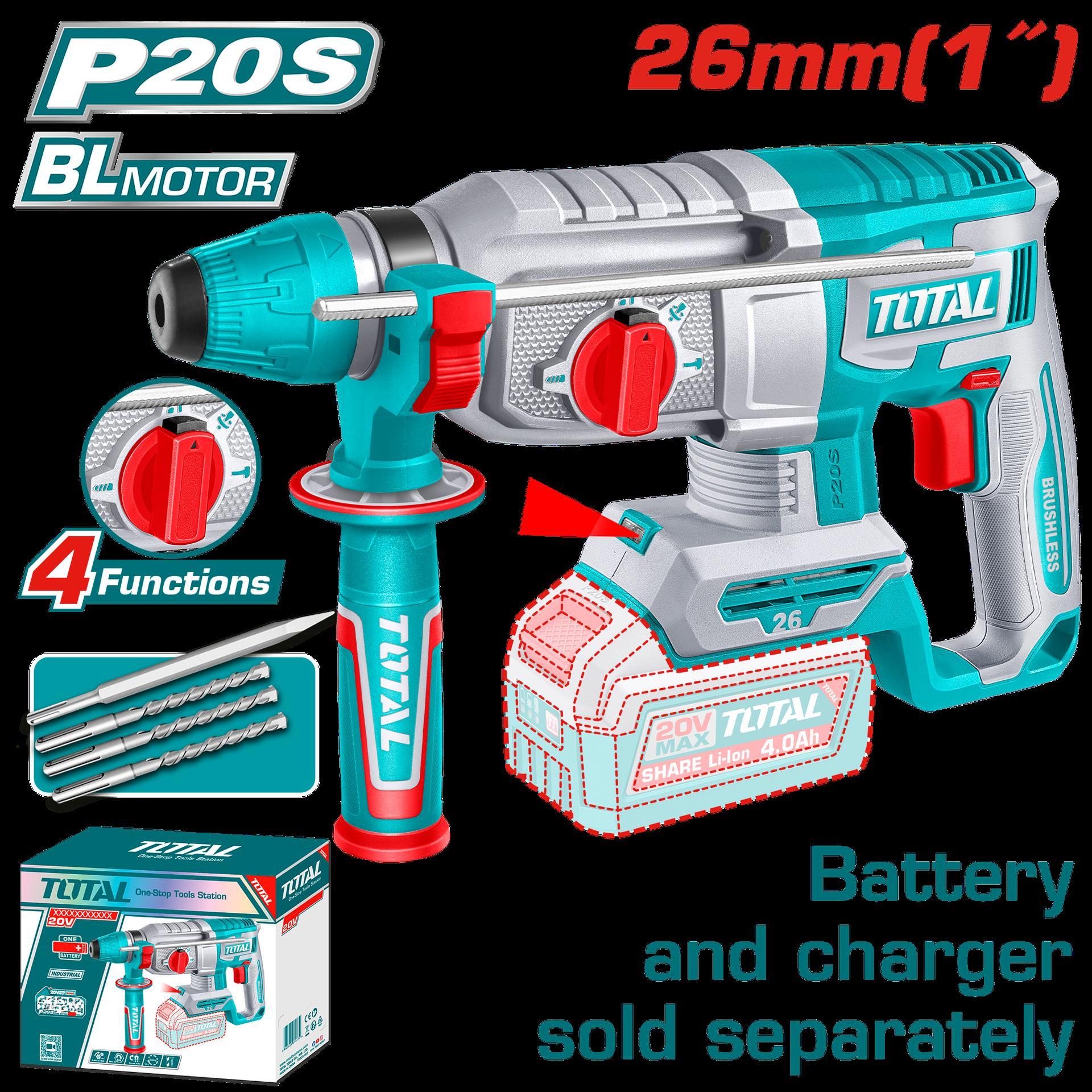 TALADRO INALAMBRICO ROTOMARTILLO 1"" 20V SDS PLUS 2.5 JULES  INCLUYE 3 BROCAS , 1 CINCEL CARGADOR  Y BATERIA SE VENDEN POR SEPARADO INDUSTRIAL TOTAL (TRHLI26208)  Item: 23216
