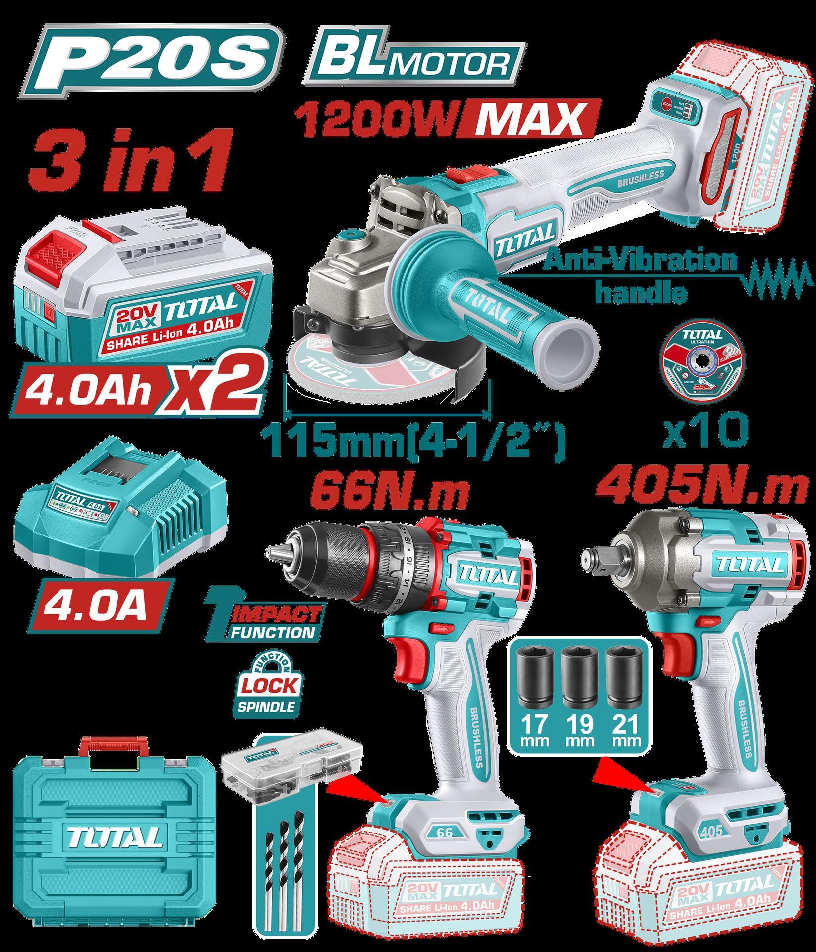 COMBO INALAMBRICO 20V PISTOLA IMPACTO INALAMBRICA 1/2"" 405NM +  TALADRO DE IMPACTO 1/2"" 66NM + PULIDORA  4 1/2"" 1200W  + 2 BATERIAS 4.0AH + CARGADOR INCLUYE ACCESORIOS INDUSTRIAL SUPER TOTAL (UTCKLI20358)  Item: 23212
