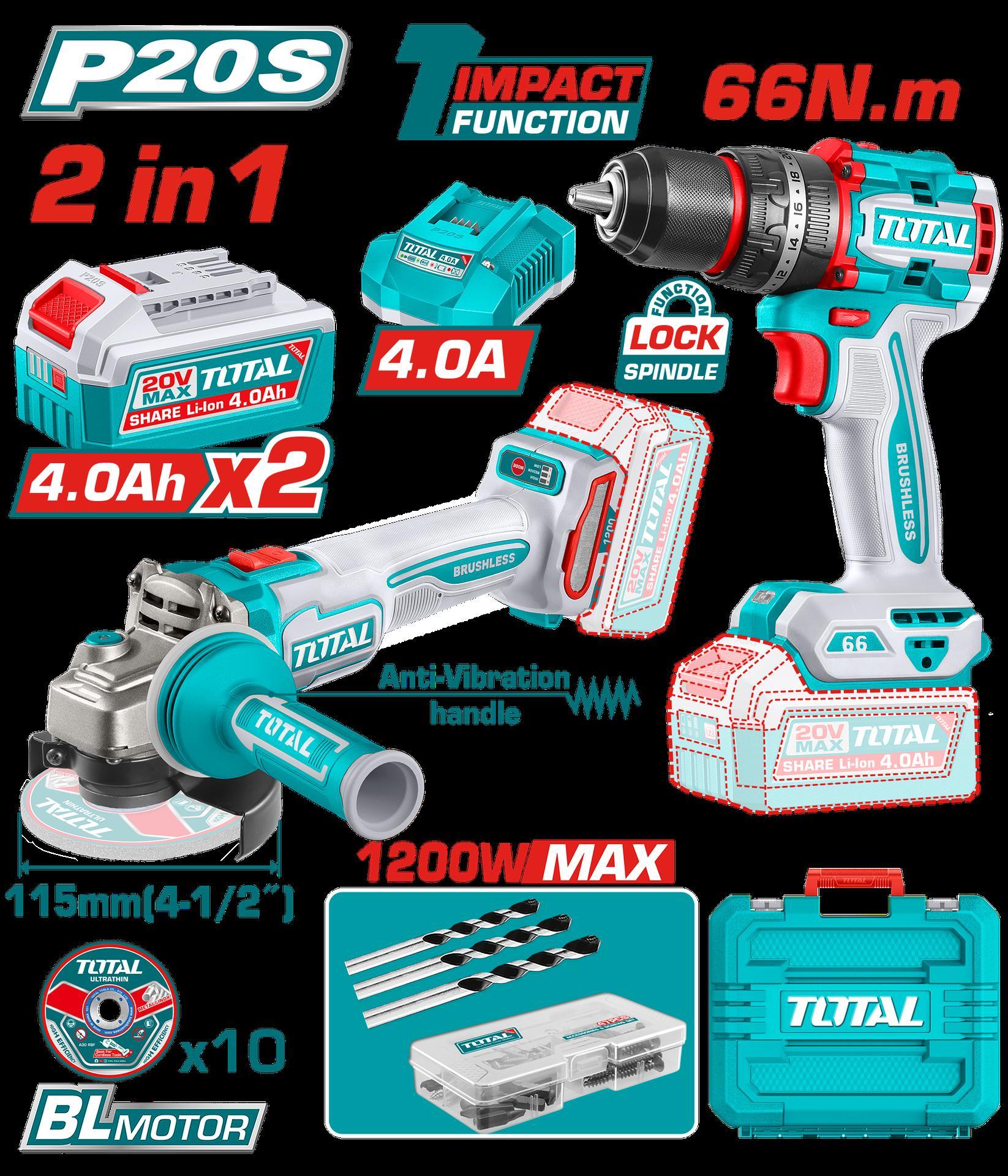 COMBO INALAMBRICO 20V PULIDORA  4 1/2 INDUSTRIAL 1000W + TALADRO PERCUTOR   1/2 66NM  + 2 BATERIAS 4.0AH + CARGADOR + ACCESORIOS CAJA PLASTICA INDUSTRIAL SUPER TOTAL (UTCKLI20256)  Item: 23211