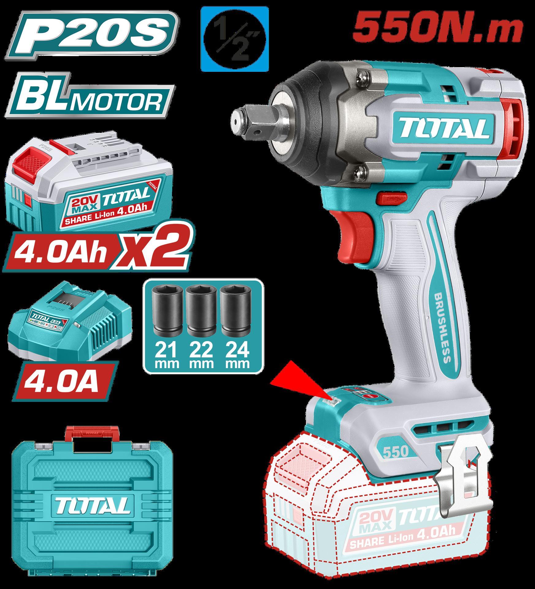 PISTOLA IMPACTO INALAMBRICA 1/2"" 20V 550NM CAJA PLASTICA INCLUYE 2 BATERIA 4.0AH , 1 CARGADOR Y ACCESORIOS INDUSTRIAL SUPER TOTAL (UTIWLI2055)  Item: 23197