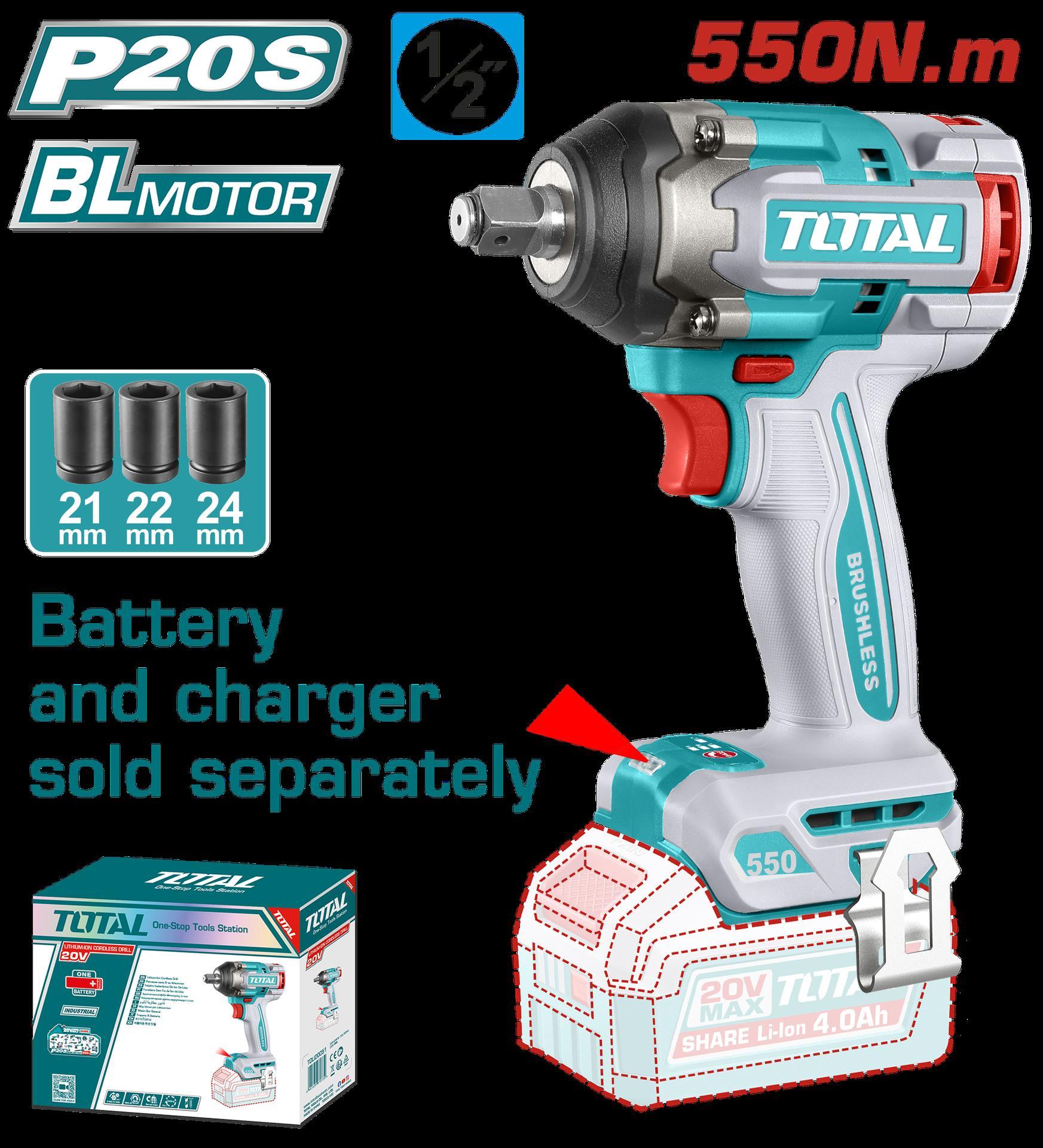 PISTOLA IMPACTO INALAMBRICA 1/2"" 20V 550 NM INCLUYE 3 COPAS 21,22,24 MM, CARGADOR Y BATERIA SE VENDEN POR SEPARADO INDUSTRIAL SUPER TOTAL (TIWLI20551)  Item: 23196
