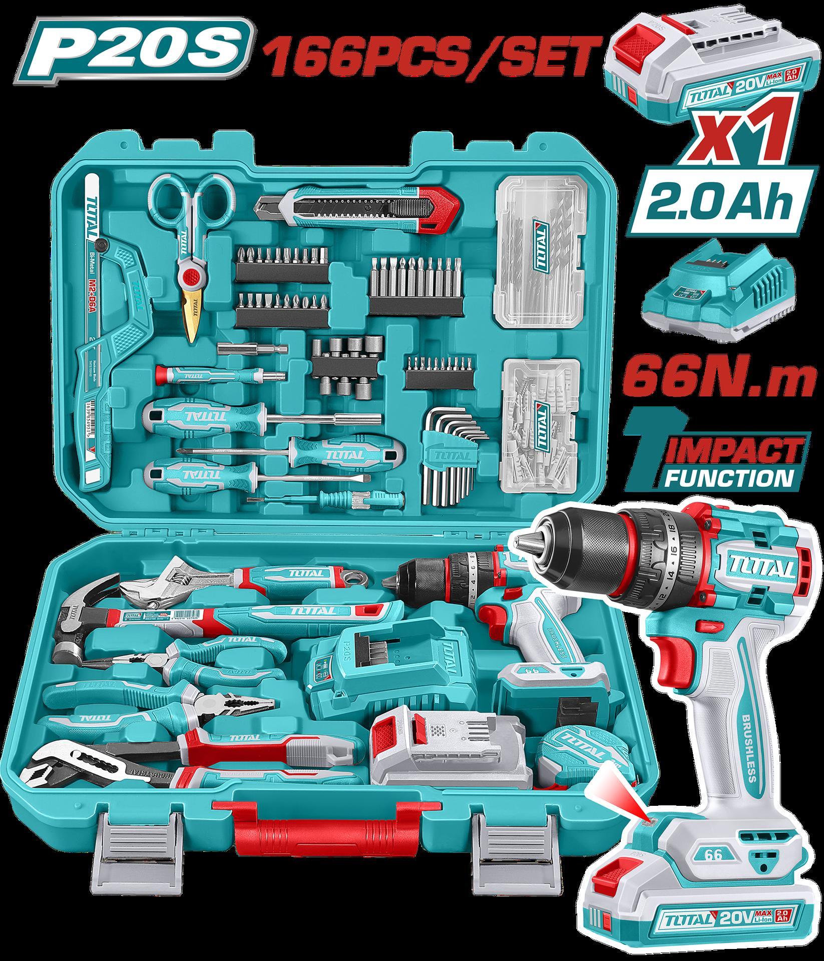 TALADRO PERCUTOR  INALAMBRICO 1/2"" 20V 66NM + 1  BATERIA 2.0AH  + CARGADOR + 163 HERRAMIENTAS INDUSTRIAL SUPER TOTAL (UTHKTHP41667)  Item: 23193