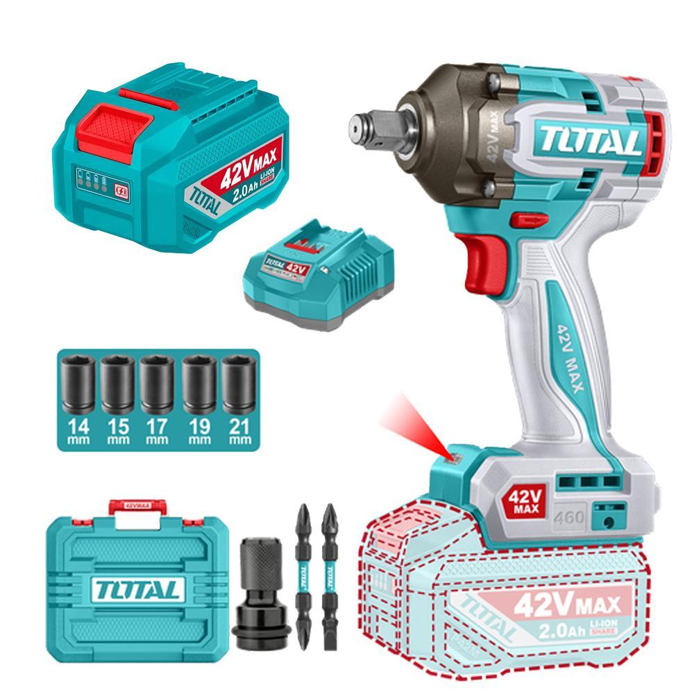 PISTOLA IMPACTO INALAMBRICA 1/2"" 42V 460NM CAJA PLASTICA INCLUYE 2 BATERIA, 1 CARGADOR Y ACCESORIOS SUPER TOTAL INDUSTRIAL (UTIWLI42462)  Item: 23381