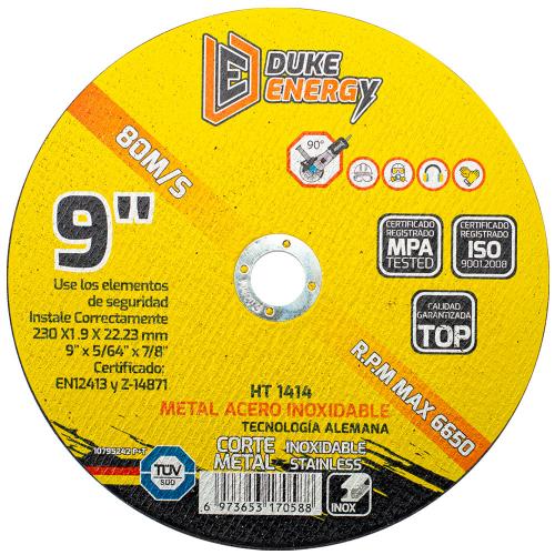 DISCO 9 CORTE METAL ACERO INOX 2 EN 1 DUKE ENERGY TECNOLOGIA ALEMANA (230X1.9X22.23MM) (HT1414)