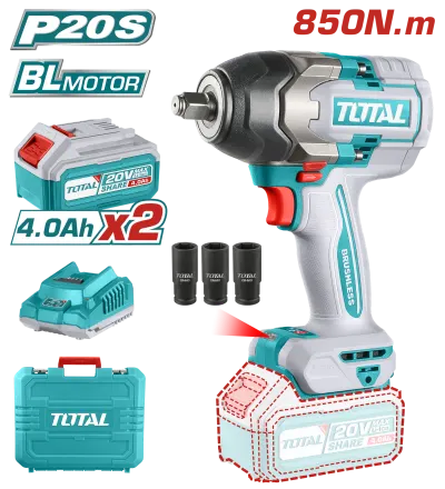 PISTOLA IMPACTO INALAMBRICA 1/2" 20V 850NM INCLUYE 2 BATERIAS 1 CARGADOR INDUSTRIAL SUPER TOTAL (UTIWLI2085)