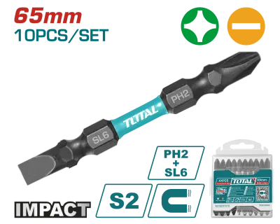 PUNTAS TALADRO INDUSTRIAL DOBLE PUNTA IMANTADA 65MM (+) (-) JUEGO X 10 PZS INDUSTRIAL  SUPER TOTAL (TACIM16HL133)