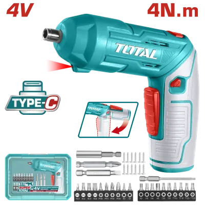 ATORNILLADOR INALAMBRICO 4V ESTUCHE PLASTICO + 20 PUNTAS TALADRO DE 25MM, 2 DE 50MM, 1 BROCA Y CONECTOR SUPER  TOTAL (TSDLI04425)