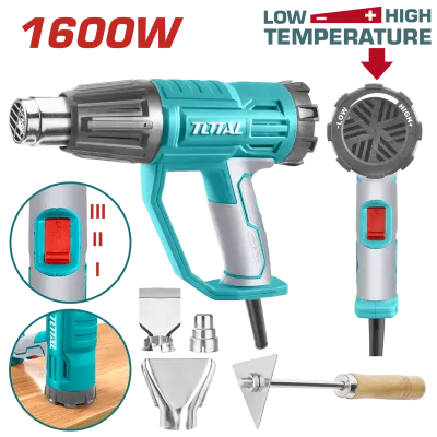 PISTOLA CALOR CON TEMPERATURA AJUSTABLE 1600W INCLUYE 3 BOQUILLAS Y 1 RASCADOR INDUSTRIAL TOTAL (UTB16045)