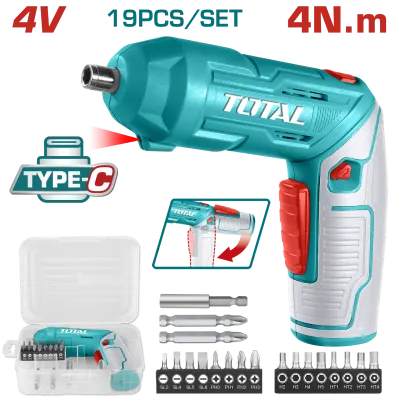 ATORNILLADOR INALAMBRICO 4V ESTUCHE PLASTICO + 16 PUNTAS TALADRO DE 25MM, 2 DE 50MM SUPER  TOTAL (TSDLI0442)