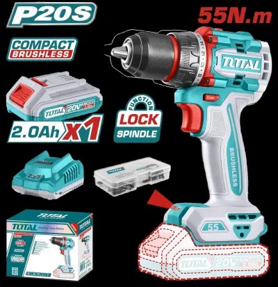 TALADRO ATORNILLADOR INALAMBRICO 1/2 20V 55NM INCLUYE 1 BATERIA DE 2.0AH, CARGADOR,47 ACCESORIOS TOTAL (UTDLI205582)