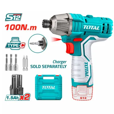 ATORNILLADOR DE IMPACTO INALAMBRICO 1/4 12V 100NM  INCLUYE 2 BATERIAS, 2 PUNTA TALADRO Y 3 COPAS  CAJA PLASTICA SUPER TOTAL (TIRLI12015)