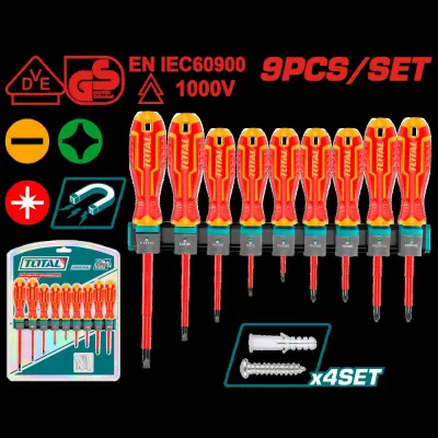 DESTORNILLADOR AISLADO 1000V INDUSTRIAL AMARILLO-ROJO JUEGO X 9 PZS  INDUSTRIAL SUPER TOTAL (THTIS596)