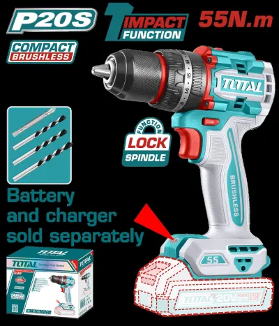 TALADRO INALAMBRICO PERCUTOR 1/2" 20V55 NM CARGADOR Y BATERIA NO INCLUIDO SUPER TOTAL (TIDLI205581)