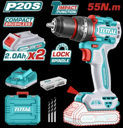 TALADRO INALAMBRICO PERCUTOR 1/2 20V 55NM INCLUYE 2 BATERIA DE 2.0AH, CARGADOR,47 ACCESORIOS,3 BROCAS CONCRETO INDUSTRIAL SUPER TOTAL (UTIDLI20558)