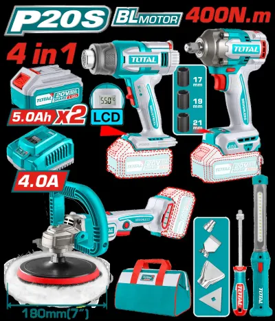 COMBO INALAMBRICO 20V POLICHADORA  7" + PISTOLA IMPACTO 1/2 400 NM + PISTOLA CALOR + LAMPARA DE TRABAJO  300 LUMENES INCLUYE 2 BATERIAS 5.0AH, 1 CARGADOR  Y  ACCESORIOS INDUSTRIAL SUPER TOTAL (UTOSLI241182)