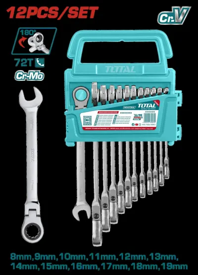 LLAVE MIXTA CON RACHE FLEXIBLE 8 - 19 MM JUEGO X 12 PZS  INDUSTRIAL SUPER TOTAL (THT102RK5126)
