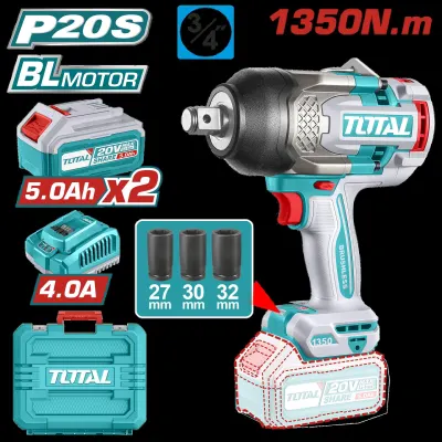 PISTOLA IMPACTO INALAMBRICA 3/4 20V 1350NM INCLUYE 2 (5.0 AH) BATERIAS 1 CARGADOR Y 3 COPAS 27,30,32 MM INDUSTRIAL SUPER TOTAL (UTIWLI20135)