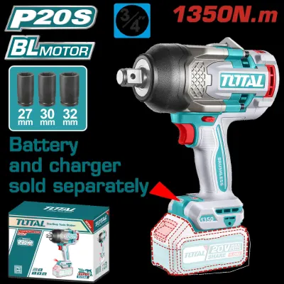 PISTOLA IMPACTO INALAMBRICA 3/4 20V 1350NM  INCLUYE 3 COPAS 27,30,32 MM, CARGADOR Y BATERIA SE VENDEN POR SEPARADO INDUSTRIAL SUPER TOTAL (TIWLI201351)