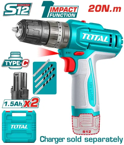 TALADRO INALAMBRICO PERCUTOR 1/32-3/8" 12V 20NM INCLUYE 2 BATERIAS 1.5 AH SUPER TOTAL  (TIDLI12206)