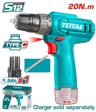 TALADRO INALAMBRICO 1/32/3/8" 12V 20NM INCLUYE 1 BATERIA 1.5AH, 1 PUNTA DESTORNILLADOR CARGA TIPO C SUPER TOTAL(TDLI12456)