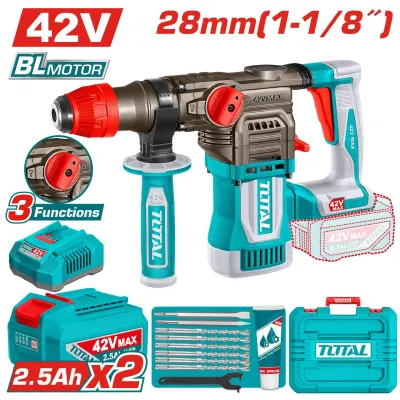 TALADRO INALAMBRICO ROTOMARTILLO 1-1/8" SDS PLUS 42V 4.5 JULES INCLUYE  2 BATERIAS 2.5 AH, 1 CARGADOR  Y ACCESORIOS INDUSTRIAL SUPER TOTAL (UTRHLI422882)