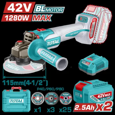 PULIDORA INALAMBRICA 4 1/2 INDUSTRIAL 42V 1280W INCLUYE DISCOS  2 BATERIAS 2.0 AH Y CARGADOR , MOTOR SIN ESCOBILLAS  INDUSTRIAL SUPER TOTAL (UTAGLI4128112)