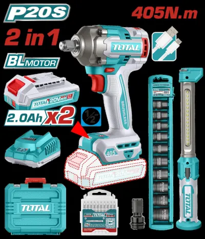 COMBO INALAMBRICO 20V PISTOLA IMPACTO INALAMBRICO 1/2 405NM + LAMPARA DE TRABAJO 300 LUMENES RECARGABLE + 10 COPAS 1/2 (10-24MM)+ ADAPTADOR DE 1/2 A 1/4 + 2 BATERIA 2.0 AH +CARGADOR  TOTAL (UTOSLI23056)