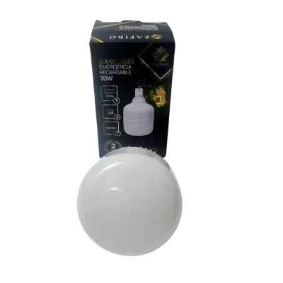 BOMBILLO LED EMERGENCIAA ZAFIRO RECARGABLE USB 30W 6500K CON GANCHO