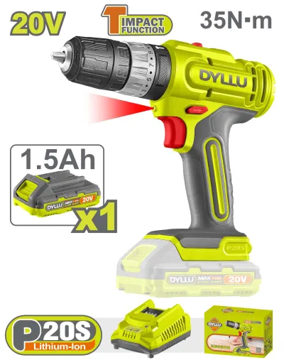 TALADRO INALAMBRICO 1/32/3/8" 20V 35NM INCLUYE 1 BATERIA 1.5AH, 1CARGADOR DYLLU (UDTCDP521)