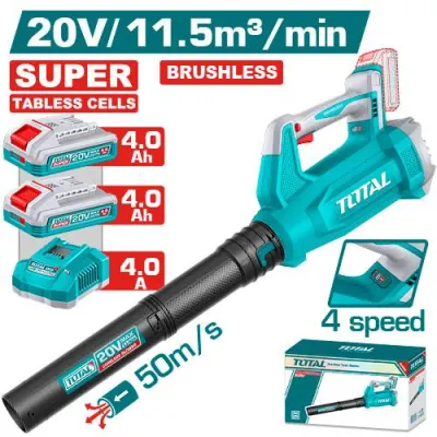 SOPLADORA INALAMBRICA 20V CAPACIDAD DE SOPLADO: 11.5M3/MIN 4 VELOCIDADES INCLUYE 2 BATERIAS 4.0AH Y 1 CARGADOR SUPER TABLESS CELLS