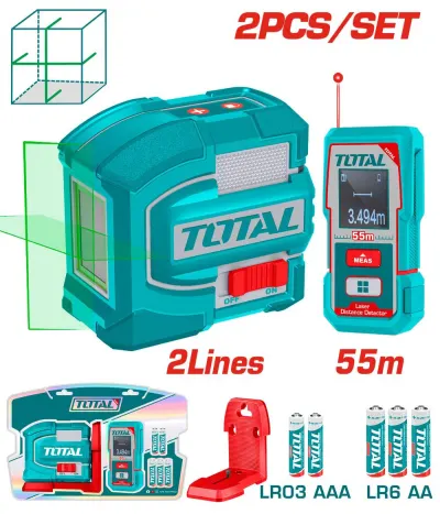 KIT DE NIVEL LASER 0-35M  LUZ VERDE 2 LINEAS(TLL156601) + MEDIDOR DE DISTANCIAS LASER 55MTS (TMT550166) INDUSTRIAL TOTAL (TLL260403)  Item: 23894