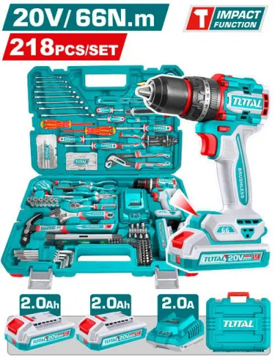 TALADRO PERCUTOR  INALAMBRICO 1/2"" 20V 66NM + 2  BATERIA 2.0AH  + CARGADOR + 214 HERRAMIENTAS INDUSTRIAL  TOTAL (UTHKTHP42187)  Item: 24024