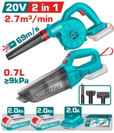 COMBO INALAMBRICO 20V SOPLADORA + ASPIRADORA DE MANO 0,7L INCLUYE 2 BATERIAS 2.0AH Y CARGADOR TOTAL (UTOSLI240999)  Item: 23933