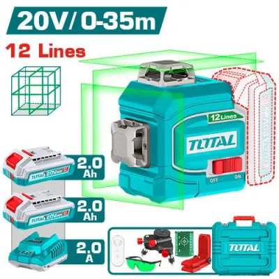 NIVEL LASER 0-35M  LUZ VERDE  3D 12 LINEAS 20V INCLUYE 2 BATERIAS 2.0AH Y CARGADOR INDUSTRIAL TOTAL (UTLL3012165)  Item: 23767