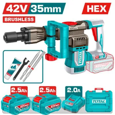 DEMOLEDOR SDS HEX INALAMBRICO 42V 18J INCLYE  2 BATERIAS 2.5AH, 1 CARGADOR  Y ACCESORIOS INDUSTRIAL SUPER TOTAL (UTDBLI423582)  Item: 23869