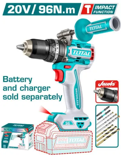TALADRO DE IMPACTO INALAMBRICO 1/2 96NM 20V INCLUYE MANGO AUXILIAR Y ACCESORIOS, BATERIA  CARGADOR SE VENDE POR SEPARADO, INDUSTRIAL SUPER  TOTAL (TIDLI209687)  Item: 23863