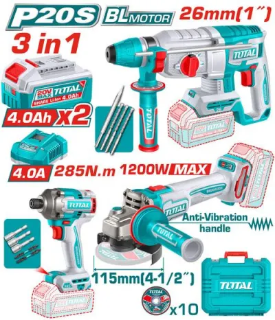 COMBO INALAMBRICO 20V ATORNILLADOR DE IMPACTO 1/4"" 285NM  + PULIDORA 4-1/2"" 1200W + TALADRO ROTOMARTILLO SDS PLUS 1""  2.5 JULES + 2 BATERIAS 4.0AH + CARGADOR 4.0AH INCLUYE ACCESORIOS INDUSTRIAL SUPER TOTAL  (UTOSLI260191)  Item: 23828