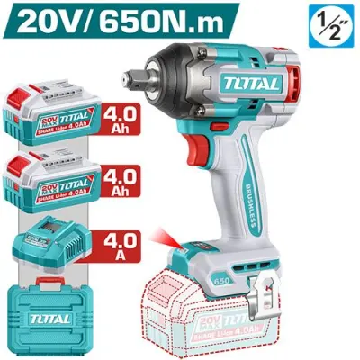 PISTOLA IMPACTO INALAMBRICA 1/2"" 20V 650NM INCLUYE 2 BATERIAS 4.0AH 1 CARGADOR  INDUSTRIAL SUPER TOTAL (UTIWLI2065)  Item: 23823